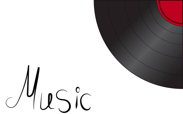 Fekete irizáló vinil zenei analóg retro régi antik csípő vintage hanglemez gramofon és zene felirat fehér háttér a jobb sarokban. Vektoros illusztráció - Vektor, kép