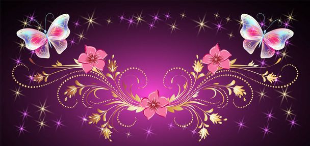 Floral ornament frame with magic butterflies for decorative gree - Vector, imagen