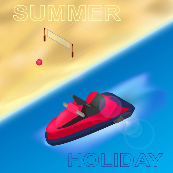A summer holiday on the beach, sea sports, and fun. Isolated elements. Bright background. - ベクター画像