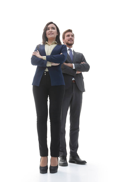 Two confident smiling businesspeople in formalwear isolated on w - Zdjęcie, obraz