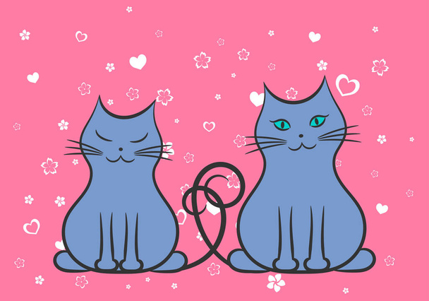 Two cats in love, contour drawing - Vector, imagen