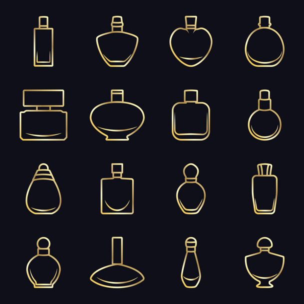 Set verschiedener Parfümflaschen im Vektorformat auf schwarzem Hintergrund mit goldenem Umriss. sehr einfach zu bearbeiten - Vektor, Bild