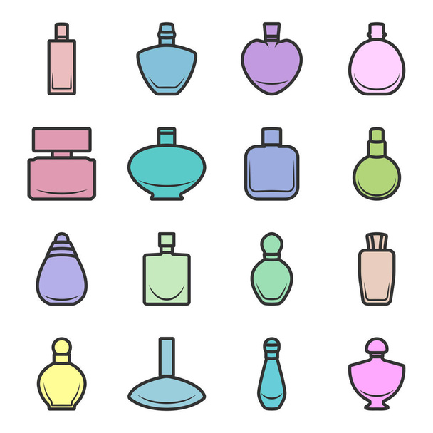 Набор различных разноцветных парфюмерных бутылок векторного формата на белом фоне. Очень легко редактировать
 - Вектор,изображение