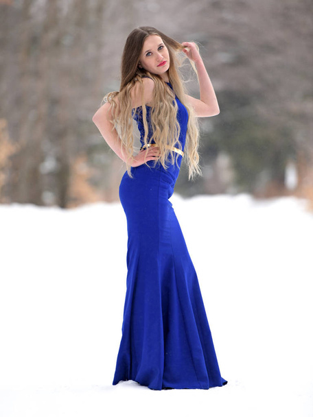 Портрет красивой молодой женщины в синем платье, позирующей зимой на открытом воздухе. Снежная королева.   - Фото, изображение