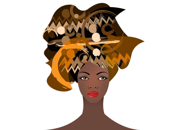 portrait of the young African woman in a colorful turban. Wrap Afro fashion, Ankara, Kente, kitenge, African women dresses. Nigerian style, Ghanaian fashion. Vector for Print, poster, t-shirt, card - Vector, Image