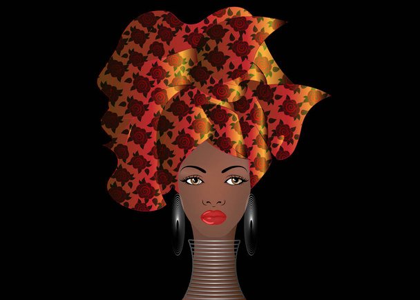 portrait of the young African woman in a colorful turban. Wrap Afro fashion, Ankara, Kente, kitenge, African women dresses with ethnic jewelry. Nigerian style, Ghanaian fashion. Vector illustration  - Vector, Image