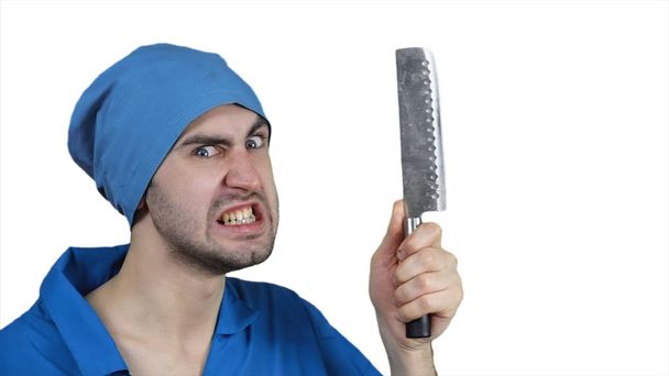 Angry crazy bearded doctor with a butcher knife - Fotoğraf, Görsel