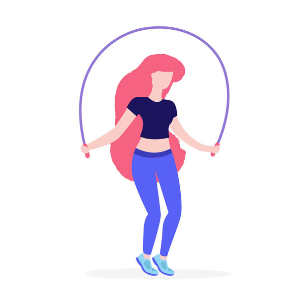 Girl jumps with jumping rope vector flat illustration. Woman doing sports isolated on a white background. Female person in sportswear does physical exercises - Vector, Image