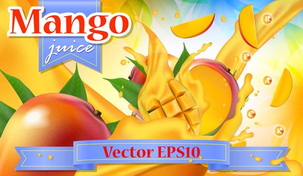 ベクトル広告 3 d プロモーションのバナー、現実的なマンゴのしぶき  - ベクター画像