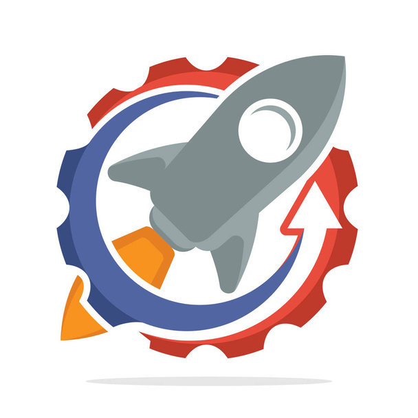 ícone de logotipo simbólico com o conceito de gerenciamento de projeto de inicialização de negócios de lançamento.Ilustrado com foguete, seta e engrenagem
 - Vetor, Imagem