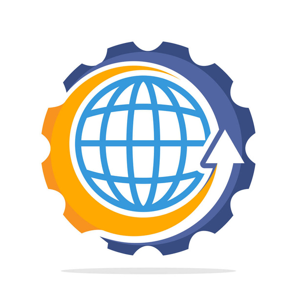 иконка логотипа с концепцией глобального развития, иллюстрированная шестернями, стрелками вверх и глобусом
 - Вектор,изображение