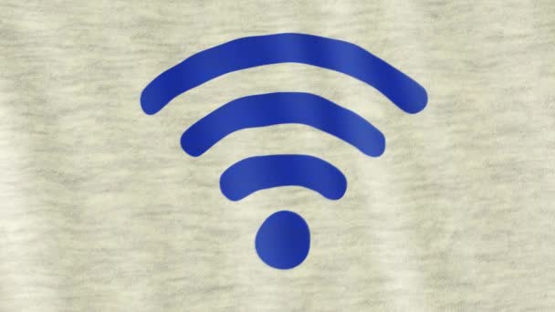 blauwe draadloze netwerk wi-fi symbool vlag van zacht textiel op hoge detail van Golf katoenen stoffen golven op de wind. - Video