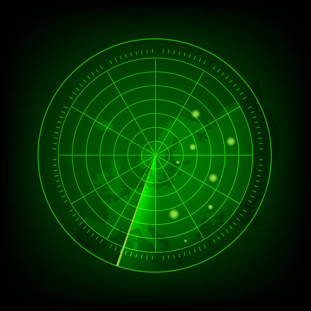 abstraktes grünes Radar mit Zielen in Aktion. Militärsuchsystem. Vektor  - Vektor, Bild