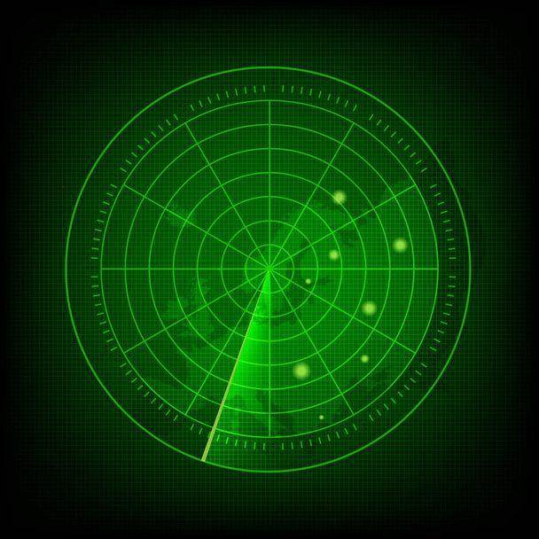 abstraktes grünes Radar mit Zielen in Aktion. Militärsuchsystem. Vektor - Vektor, Bild