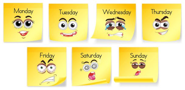 Yellow notes with days of the week and facial expressions - Vector, Image