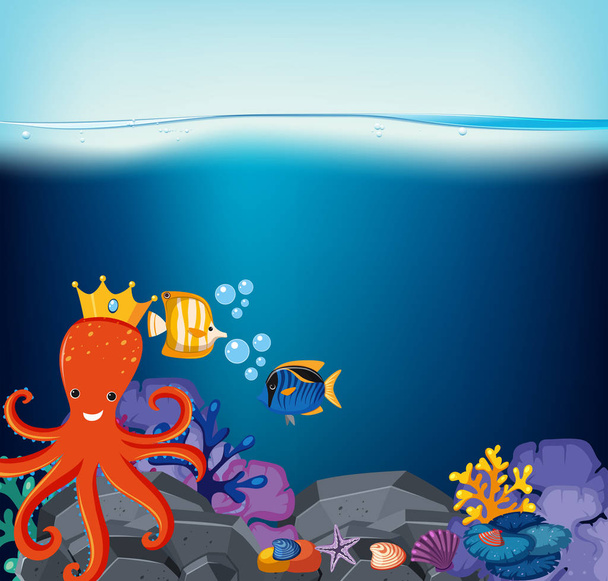 Underwater scene with octopus and fish - Vector, Image