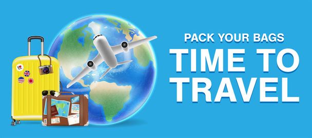 travel around the world with airplane and bag - Vector, imagen