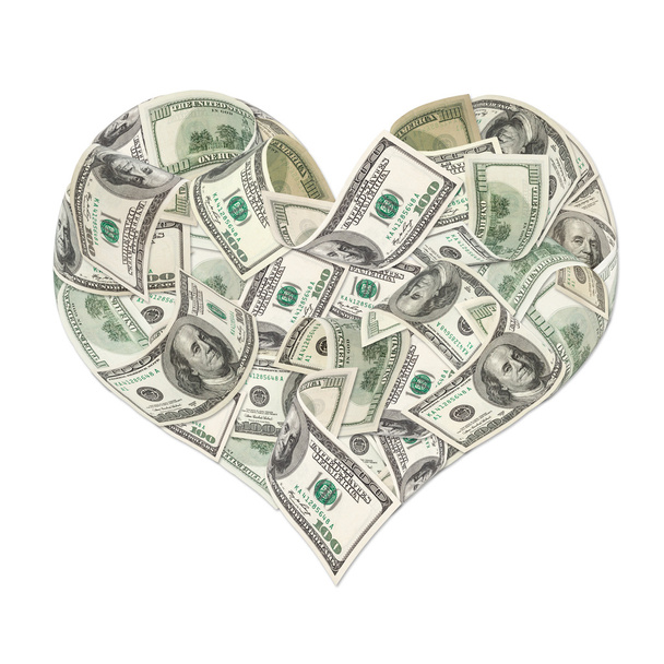 καρδιά σημάδι από τραπεζογραμμάτια των 100 δολαρίων - Φωτογραφία, εικόνα