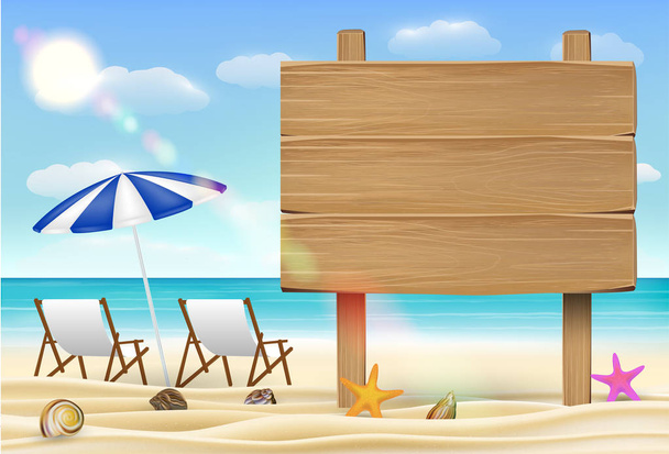 wood board sign on sea sand beach with relax chair - Vektori, kuva