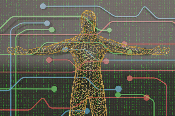 Χρυσό wireframe ή πλέγμα ανθρώπου στην ψηφιακή background.3d illustrati - Φωτογραφία, εικόνα