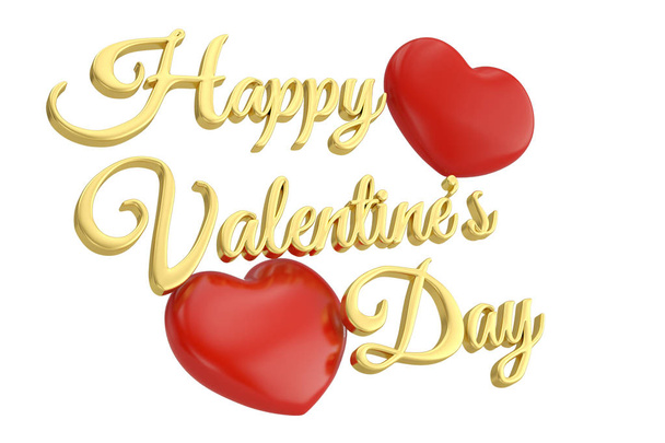 Hearts and golden happy valentine's day text.3D illustration. - 写真・画像