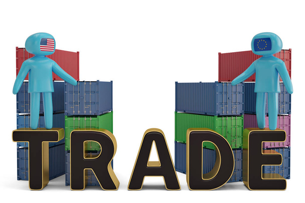 Twee figuur mensen op handel brief en containers 3d illustratie - Foto, afbeelding