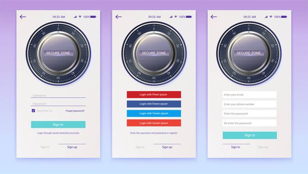 Account authorization or register, interface with login and password fields for touchscreen mobile apps. Concept of security application UI design. UX Screen with digital lock on login page.. - Vector, Imagen
