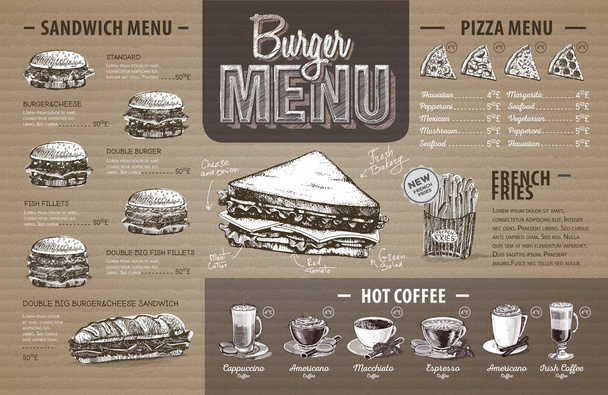 Vintage hamburger menü tasarımı karton üzerine. Fast food menü - Vektör, Görsel