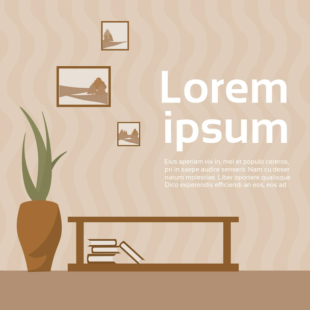 Interieur Design Element boek plank met Plant Over Wallpaper kopie ruimte achtergrond - Vector, afbeelding