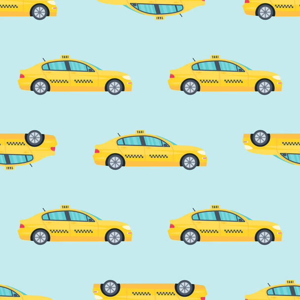 Patrón sin costuras con cabina amarilla de la máquina sobre fondo blanco. Concepto de servicio de taxi público. Ilustración vectorial plana
. - Vector, imagen