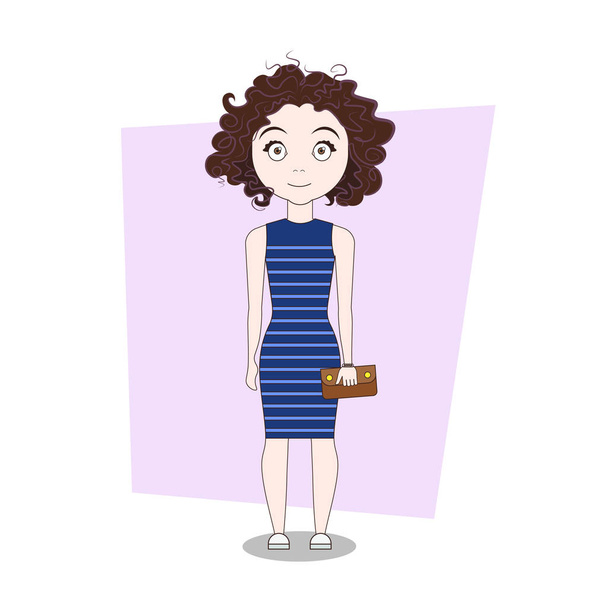 Cute Cartoon Girl In Stylish Dress Doodle - Vecteur, image