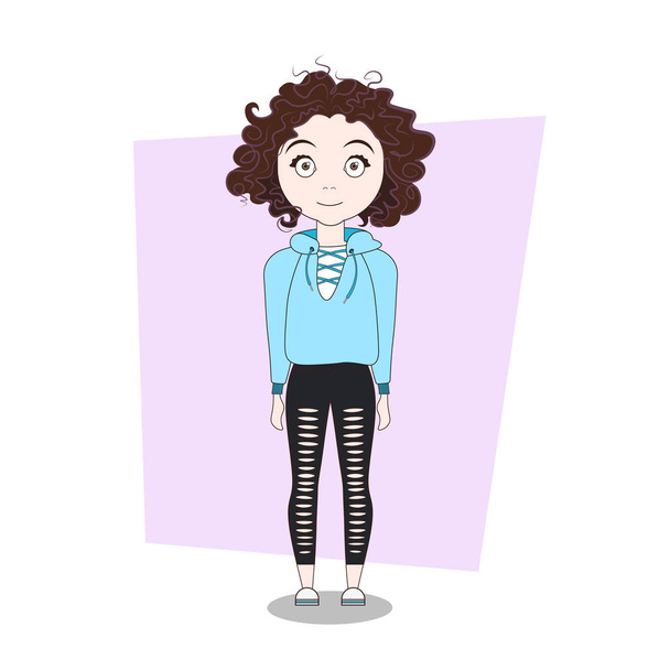 Cute Cartoon Hipster Girl In Modern Casual Clothes - Vector, Image