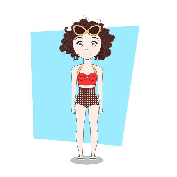Cute Cartoon Curly Girl In Hipster Clothes - Wektor, obraz