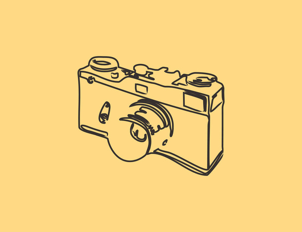 Vintage camera on yellow old paper, line illustration for different use - Vector, Image