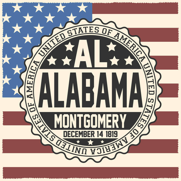 Dekorative Briefmarke mit Text Vereinigte Staaten von Amerika, al, alabama, Montgomery, 14. Dezember 1819 auf US-Flagge - Vektor, Bild