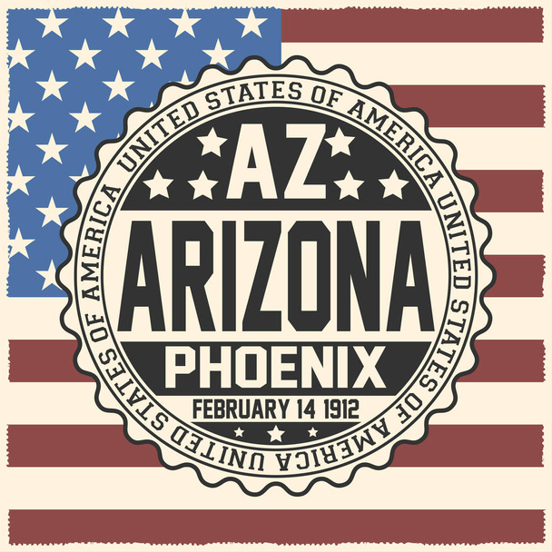 Dekorative Briefmarke mit Text Vereinigte Staaten von Amerika, az, arizona, Phönix, 14. Februar 1912 auf US-Flagge - Vektor, Bild