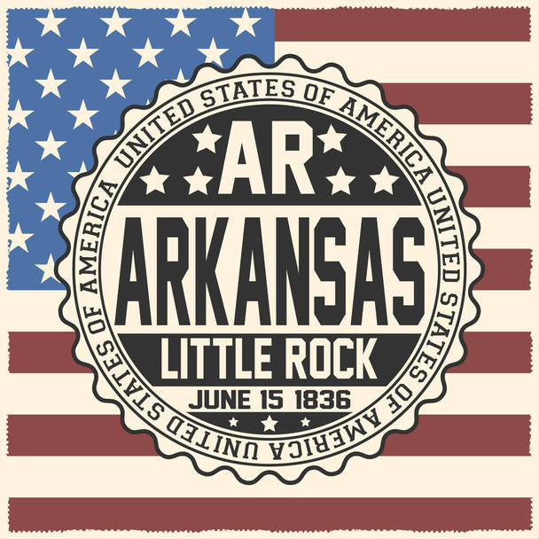 Decorative stamp with text United States of America, AR, Arkansas, Little Rock, June 15, 1836 on USA flag - Vector, Image
