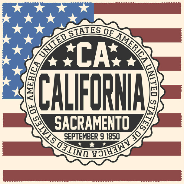 Dekorative Briefmarke mit Text Vereinigte Staaten von Amerika, Kalifornien, Sacramento 9. September 1850 auf US-Flagge - Vektor, Bild