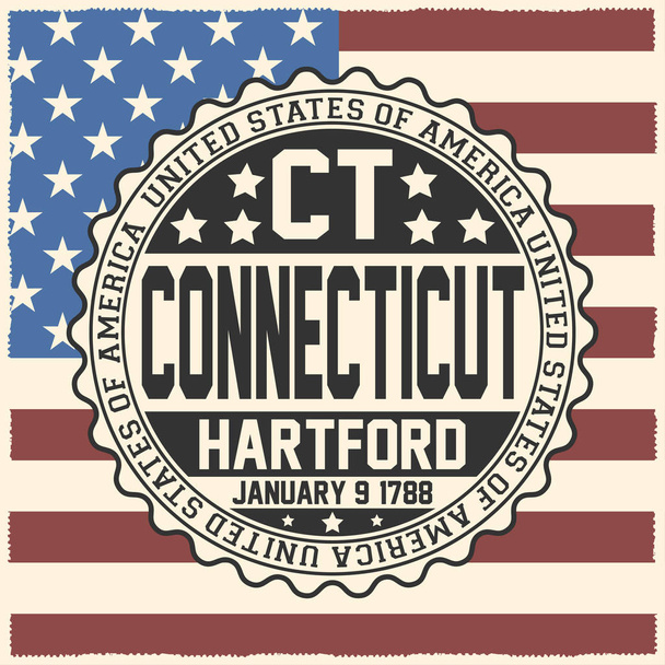 Dekorative Briefmarke mit Text Vereinigte Staaten von Amerika, ct, connecticut, hartford, 9. Januar 1788 auf US-Flagge. - Vektor, Bild