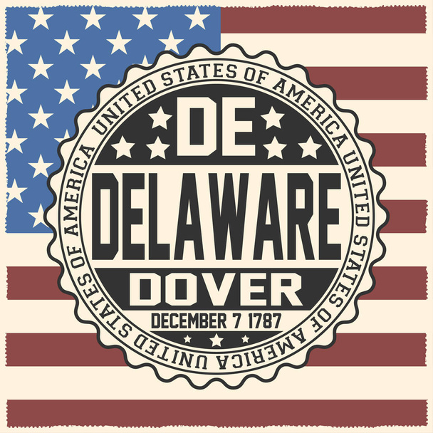 Dekorative Briefmarke mit Text Vereinigte Staaten von Amerika, de, delaware, dover, 7. Dezember 1787 auf US-Flagge. - Vektor, Bild