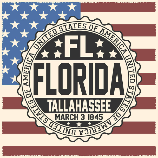 Dekorative Briefmarke mit Text Vereinigte Staaten von Amerika, Florida, Tallahassee, 3. März 1845 auf US-Flagge. - Vektor, Bild