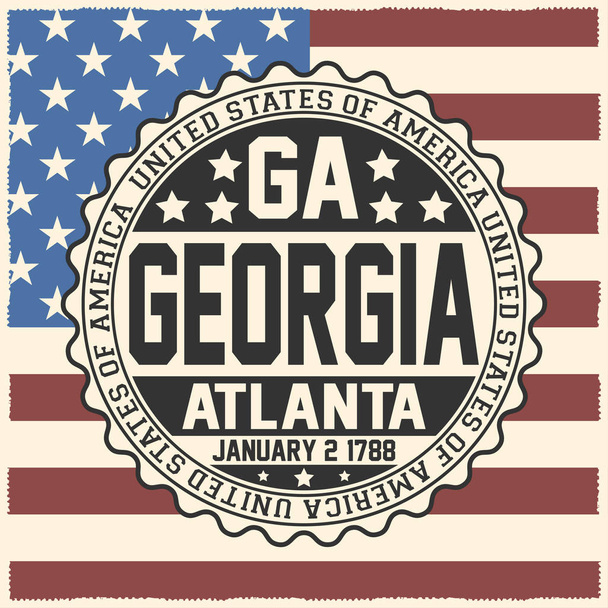 Sello decorativo con texto Estados Unidos de América, GA, Georgia, Atlanta, Enero 2, 1788 en la bandera de USA
. - Vector, Imagen