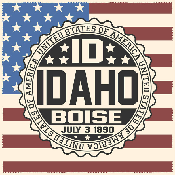 Dekorative Briefmarke mit Text Vereinigte Staaten von Amerika, id, idaho, boise, 3. Juli 1890 auf US-Flagge. - Vektor, Bild