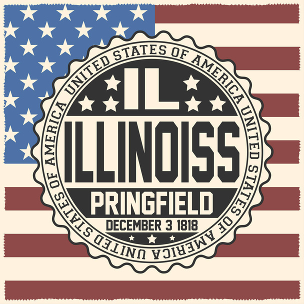Sello decorativo con texto Estados Unidos de América, IL, Illinois, Springfield, 3 de diciembre de 1818 en la bandera de EE.UU.
 - Vector, Imagen