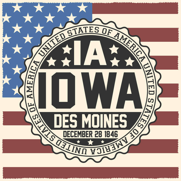 Decorative stamp with text United States of America, IA, Iowa, Des Moines, December 28, 1846 on USA flag. - Vector, Image