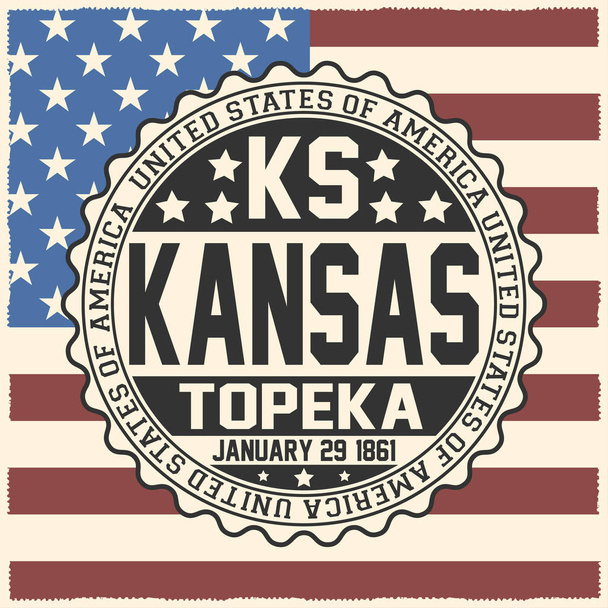 Dekorative Briefmarke mit Text Vereinigte Staaten von Amerika, ks, kansas, topeka, 29. Januar 1861 auf US-Flagge. - Vektor, Bild