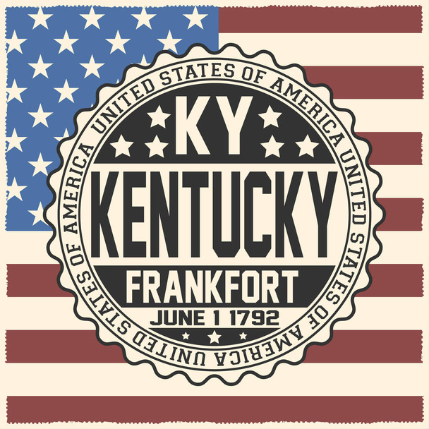 Sello decorativo con texto Estados Unidos de América, KY, Kentucky, Frankfort, 1 de junio, 1792 en la bandera de EE.UU.
. - Vector, Imagen