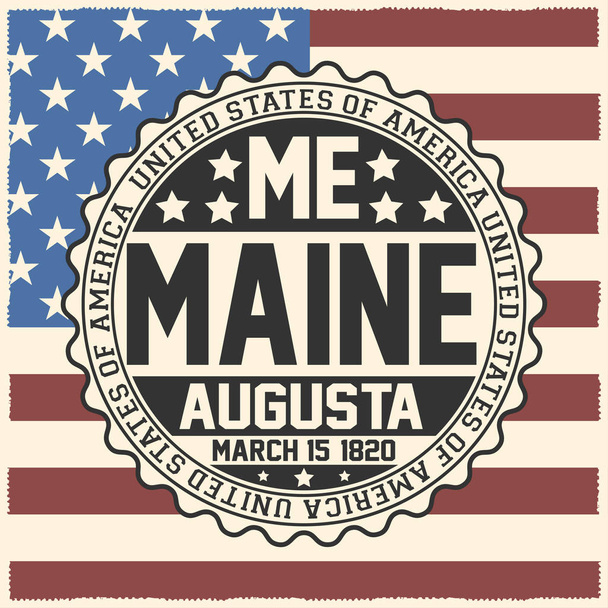 Dekorative Briefmarke mit Text Vereinigte Staaten von Amerika, me, maine, augusta, 15. März 1820 auf US-Flagge. - Vektor, Bild