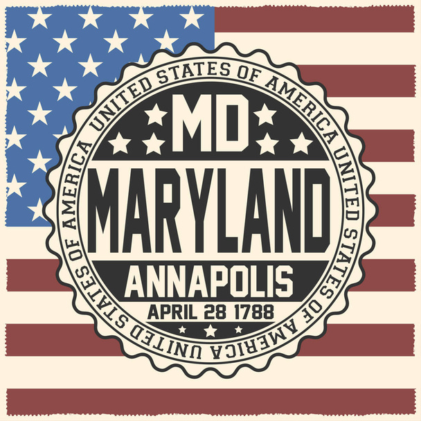 Dekorative Briefmarke mit Text Vereinigte Staaten von Amerika, md, maryland, annapolis, 28. April 1788 auf US-Flagge. - Vektor, Bild