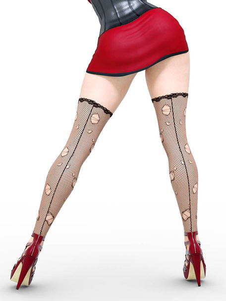 Long slender sexy legs woman.Short red skirt.Black stockings mesh.High heels.Office secretary.Provocative liberated pose.3D rendering.Isolate.Conceptual fashion art.Collection summer clothes - Fotoğraf, Görsel